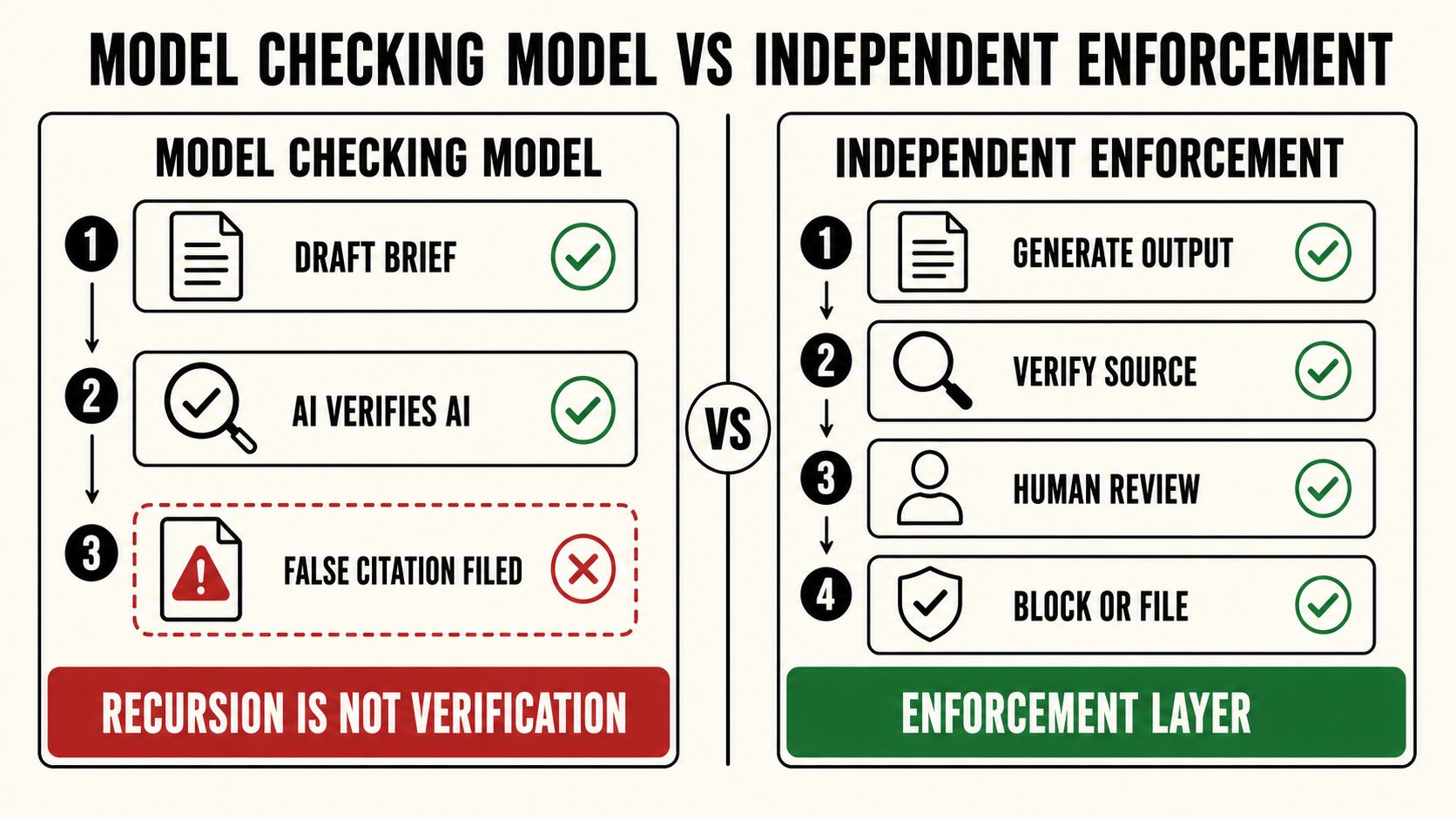 Generation Gap diagram - model generation layer vs. institutional enforcement layer, and the gap between them