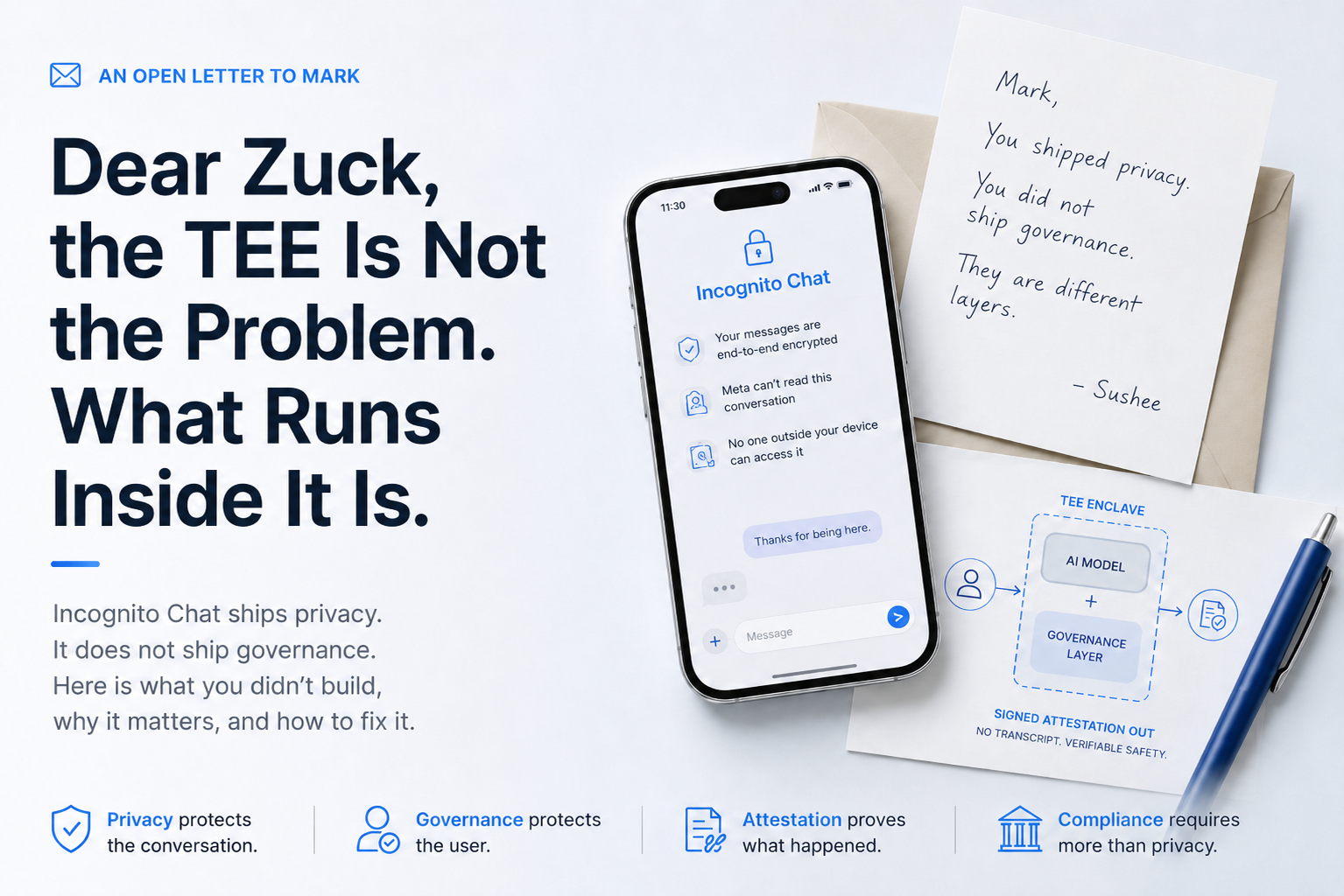 Dear Zuck, the TEE Is Not the Problem. What Runs Inside It Is. — An open letter to Mark. Incognito Chat ships privacy. It does not ship governance. Privacy protects the conversation. Governance protects the user. Attestation proves what happened. Compliance requires more than privacy.