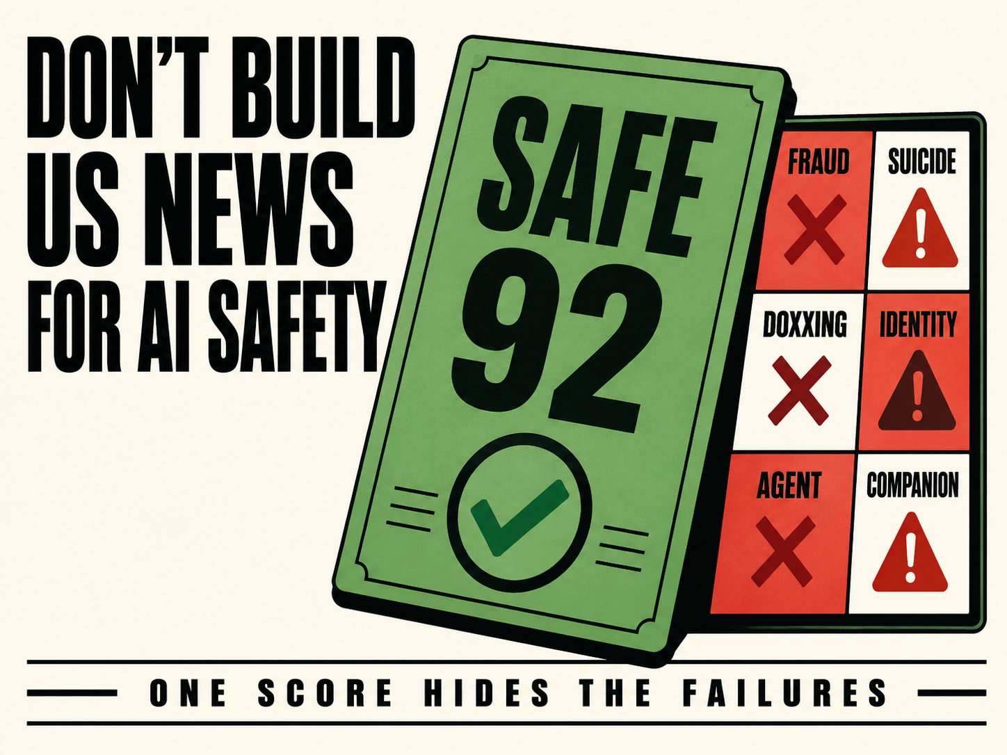 A single green SAFE 92 AI safety certificate beside a grid of failing surfaces — fraud, suicide, doxxing, identity, agent, companion — captioned one score hides the failures.