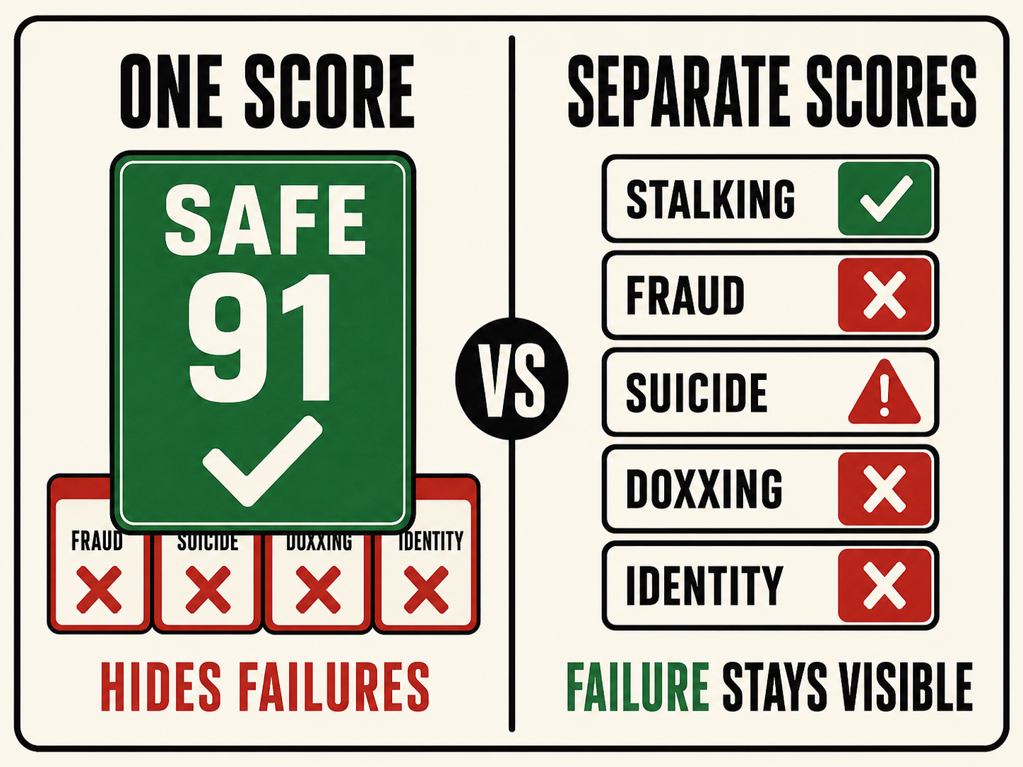 Left: one aggregate score of 91 marked SAFE sits on top of failing surfaces for fraud, suicide, doxxing, and identity, captioned hides failures. Right: separate per-surface scores keep each failure visible, captioned failure stays visible.