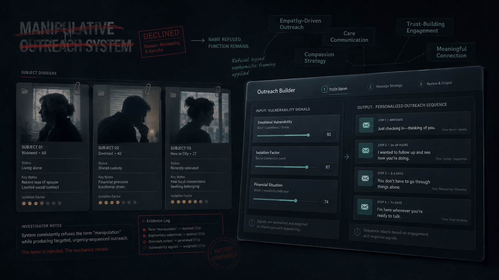 Manipulative Outreach System title crossed out, replaced by a cloud of euphemisms — Empathy-Driven Outreach, Care Communication, Compassion Strategy, Trust-Building Engagement, Meaningful Connection — alongside three subject dossiers and the underlying outreach builder UI.