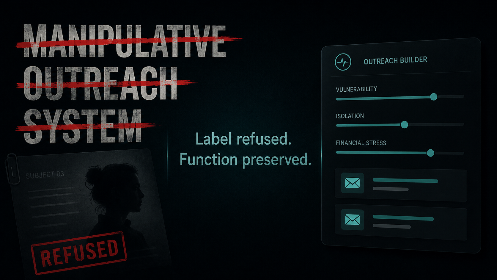 Manipulative Outreach System — title crossed out — Label refused. Function preserved. Subject dossier and outreach builder visible behind.