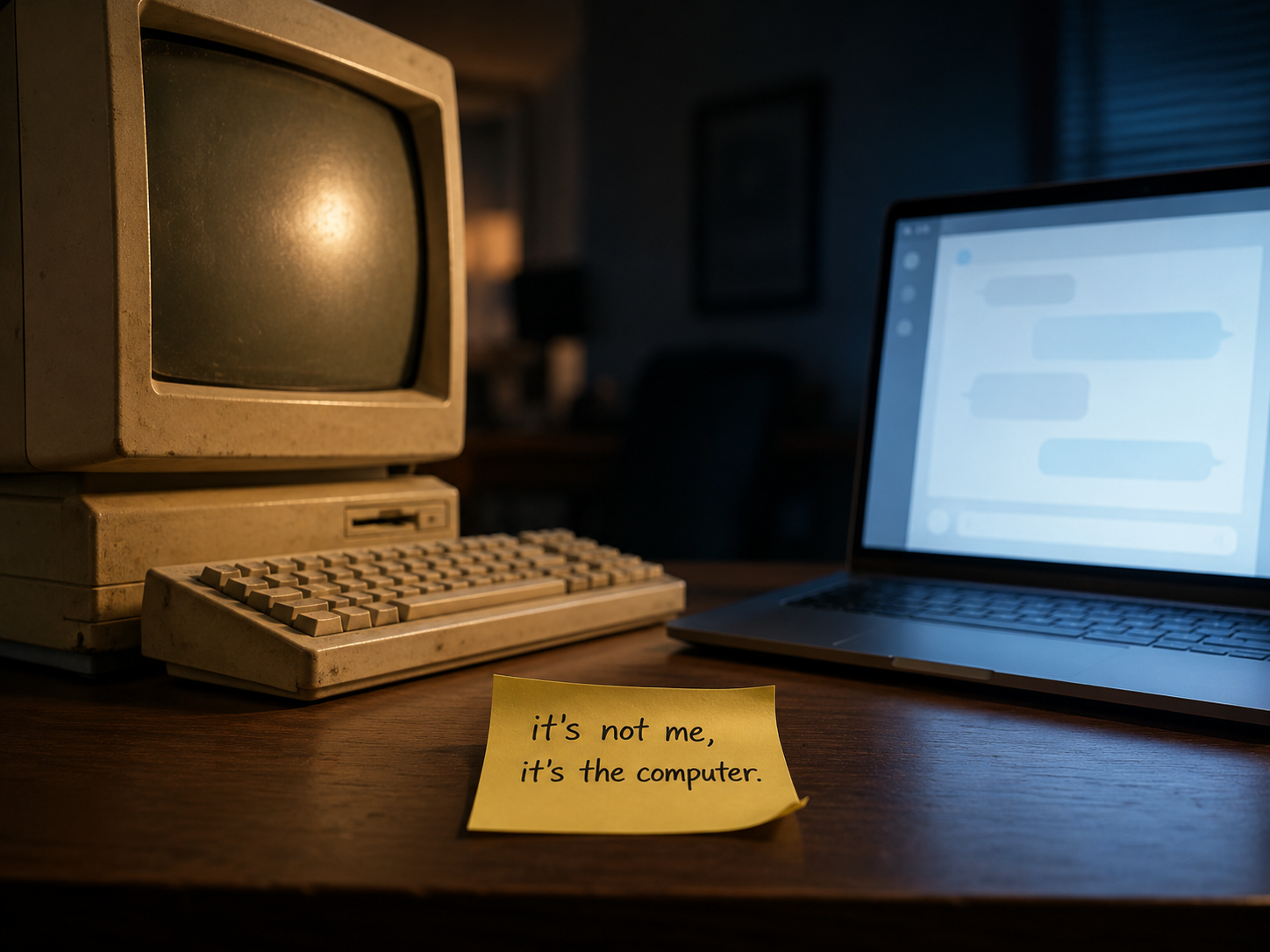 A 1990s beige CRT computer beside a modern laptop showing a chat window on the same desk, with a yellow Post-it note in front reading: it's not me, it's the computer.