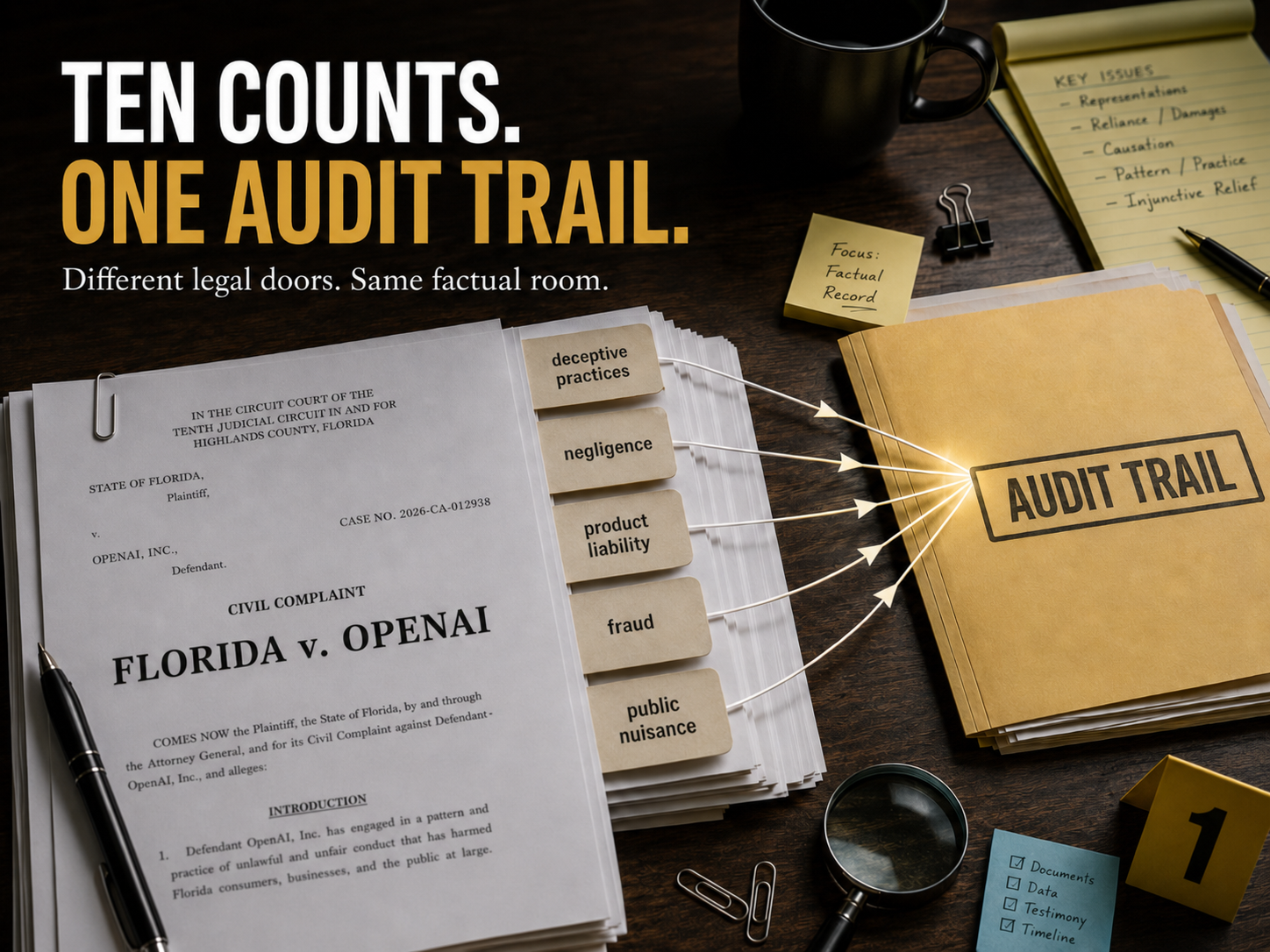 An investigator's desk with a mock civil complaint captioned Florida v. OpenAI, Circuit Court of the Tenth Judicial Circuit, Highlands County. Five count tabs, deceptive practices, negligence, product liability, fraud, public nuisance, all point by arrows into one folder stamped AUDIT TRAIL. Headline: Ten counts. One audit trail. Different legal doors. Same factual room.