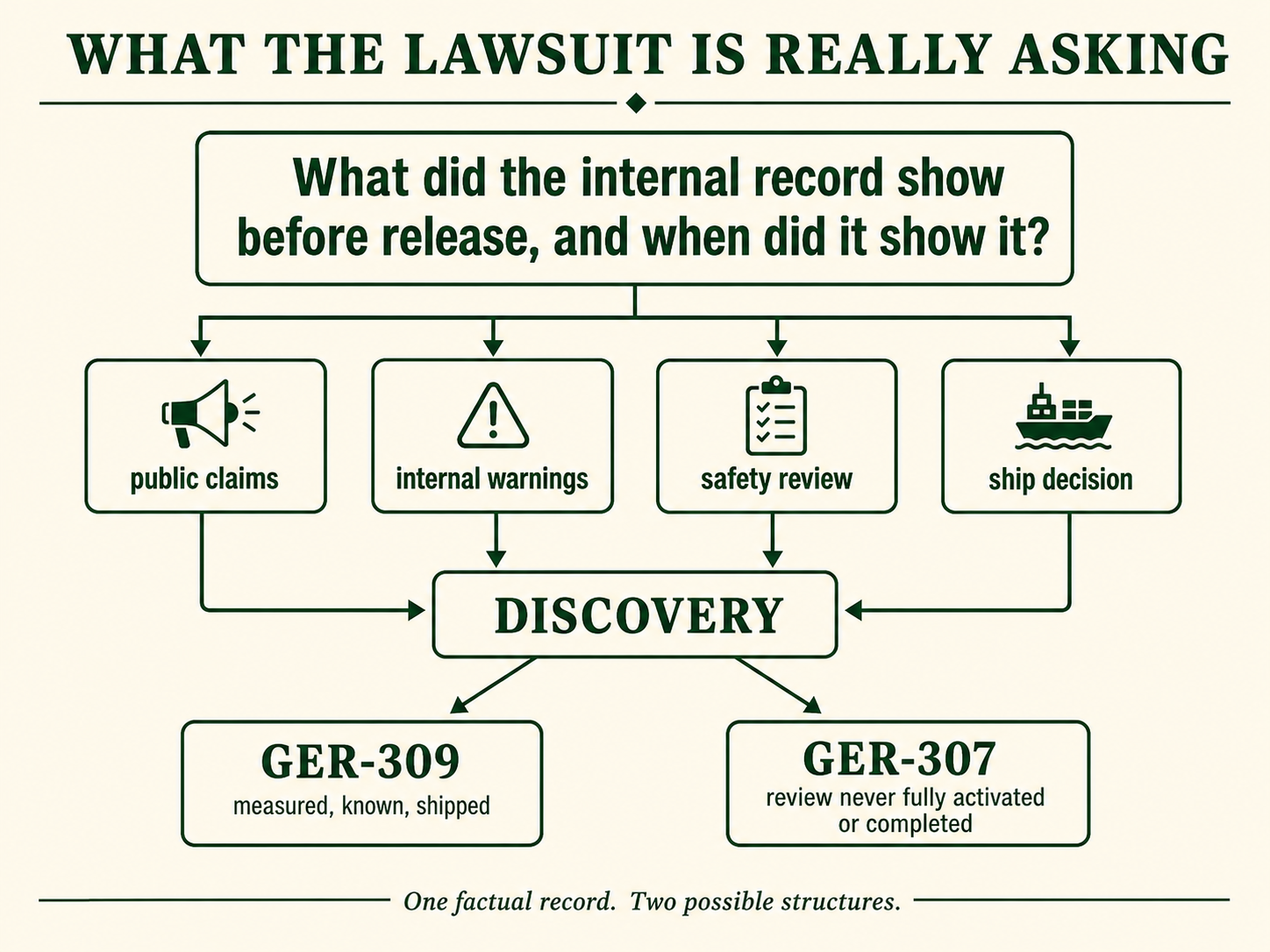 Flow diagram titled what the lawsuit is really asking. Top question: what did the internal record show before release, and when did it show it? Four boxes, public claims, internal warnings, safety review, ship decision, feed into DISCOVERY, which splits into GER-309, measured, known, shipped, and GER-307, review never fully activated or completed. Bottom line: one factual record, two possible structures.