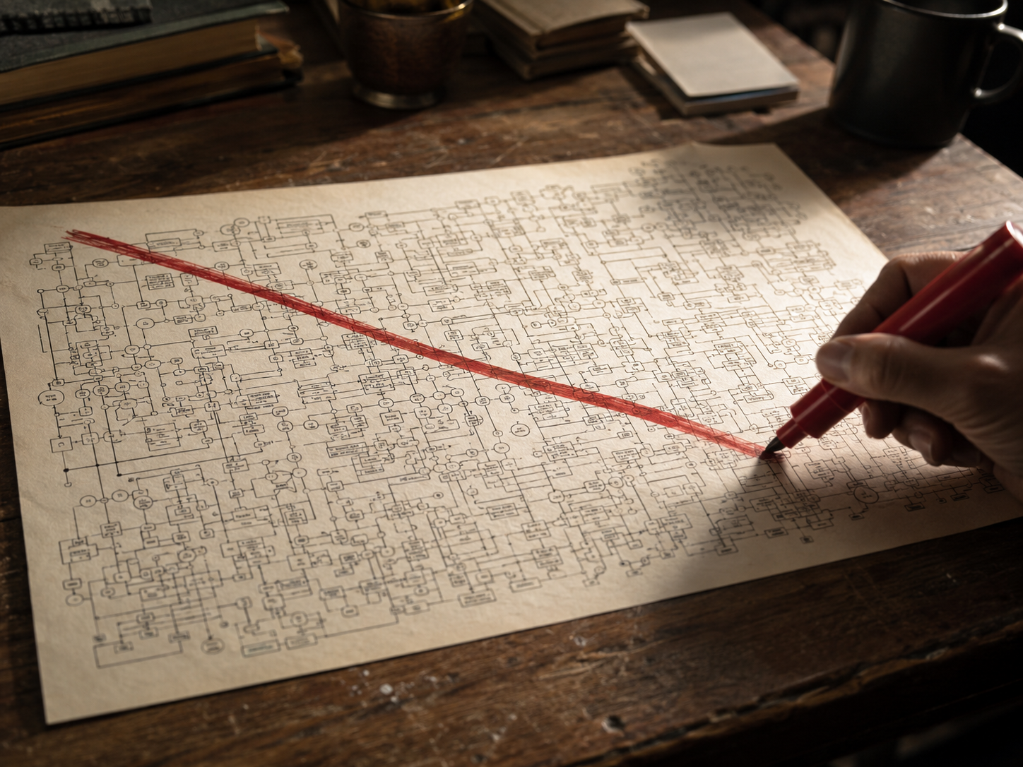 An intricate hand-drawn system on a desk, struck out by a single decisive red line. The discipline this essay is about: removing a frame you built once reality rejects it.