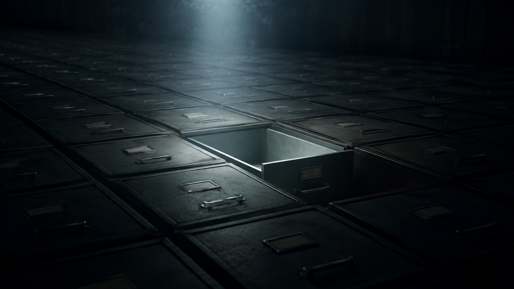 A vast dark archive of filing drawers receding into shadow, with one drawer pulled open and completely empty under a single shaft of light.