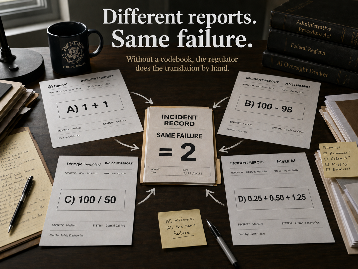 A federal AI safety analyst's desk. Four incident reports from OpenAI, Anthropic, Google DeepMind, and Meta AI, each stating the same value a different way: 1 + 1, 100 minus 98, 100 divided by 50, and 0.25 plus 0.50 plus 1.25. Chalk arrows converge on a central folder labeled incident record, same failure, equals 2. A sticky note reads: all different, all the same failure. Headline: Different reports. Same failure. Without a codebook, the regulator does the translation by hand.
