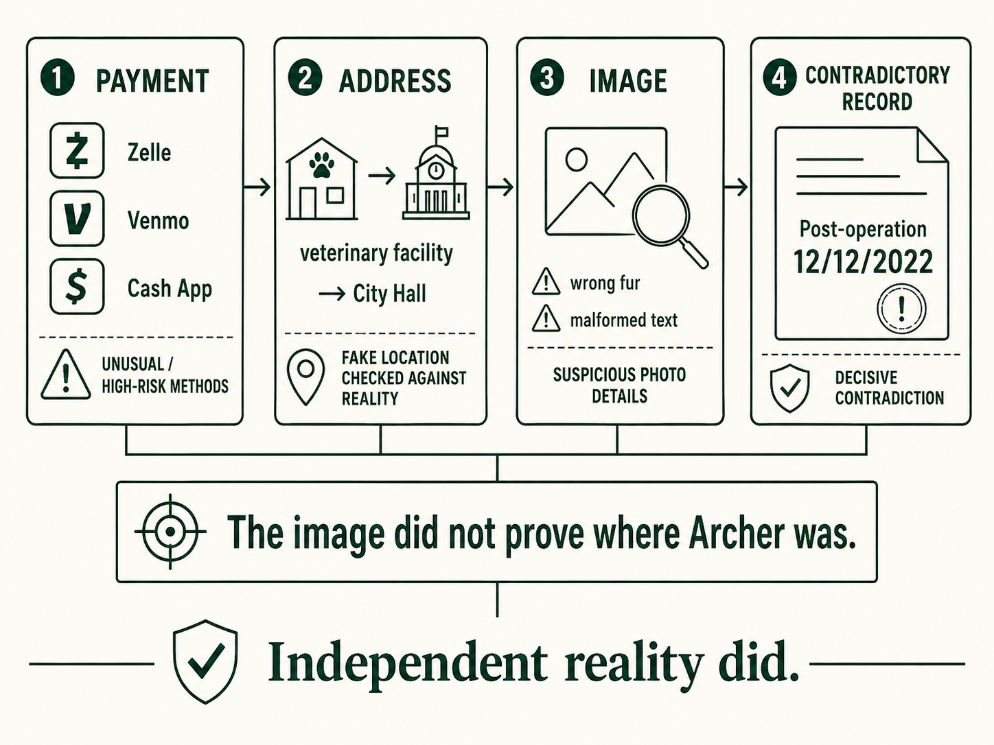 Four-step forensic board: payment (Zelle, Venmo, Cash App, unusual high-risk methods), address (veterinary facility that was City Hall, fake location checked against reality), image (wrong fur, malformed text, suspicious photo details), contradictory record (Post-operation 12/12/2022, decisive contradiction). Center: the image did not prove where Archer was. Bottom: independent reality did.