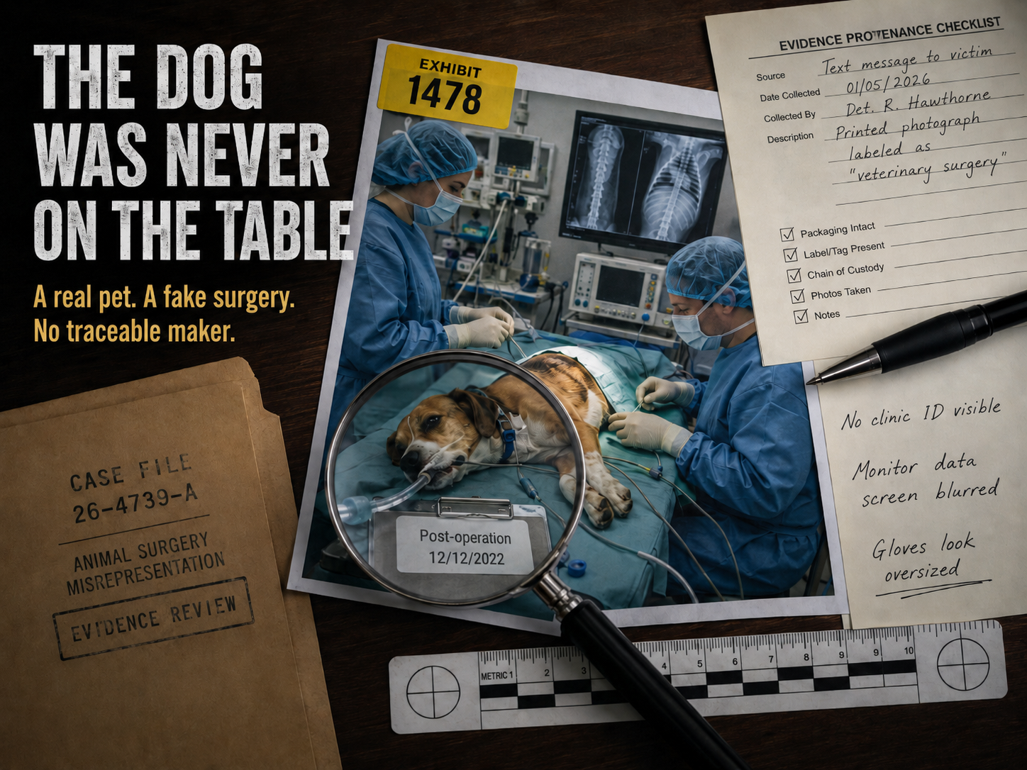 An evidence-review desk. A printed photograph tagged EXHIBIT 1478 shows a beagle on a veterinary operating table; a magnifying glass enlarges an equipment label reading Post-operation 12/12/2022. Beside it, an evidence provenance checklist (source: text message to victim) and handwritten anomaly notes: no clinic ID visible, monitor data screen blurred, gloves look oversized. Headline: The dog was never on the table. A real pet. A fake surgery. No traceable maker.