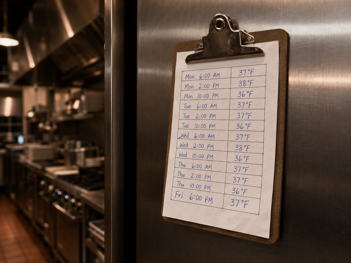 A handwritten temperature log on a clipboard clipped to a stainless-steel walk-in refrigerator in a restaurant kitchen, the last row reading Fri 6:00 PM, 37 degrees.
